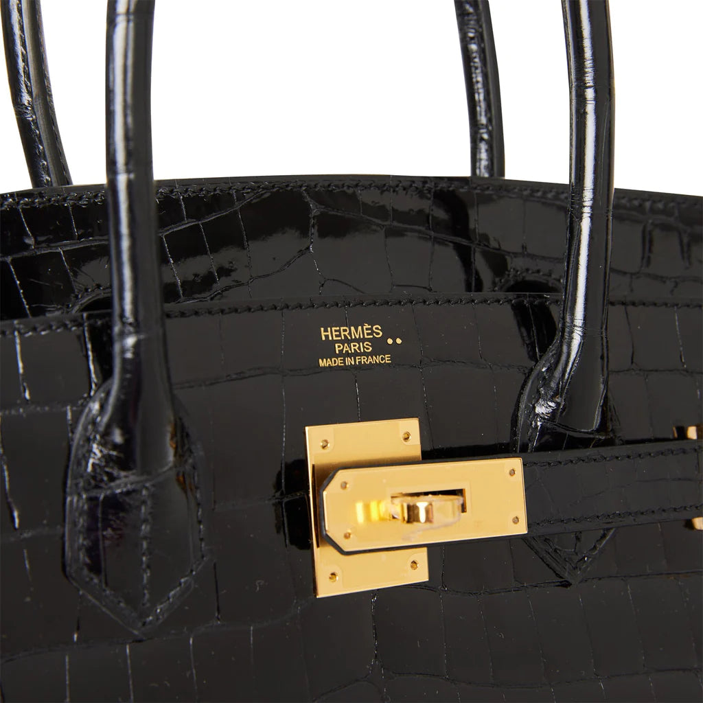 HE&ME Birkin 30 Black Shiny Niloticus Crocodile Gold Hardware