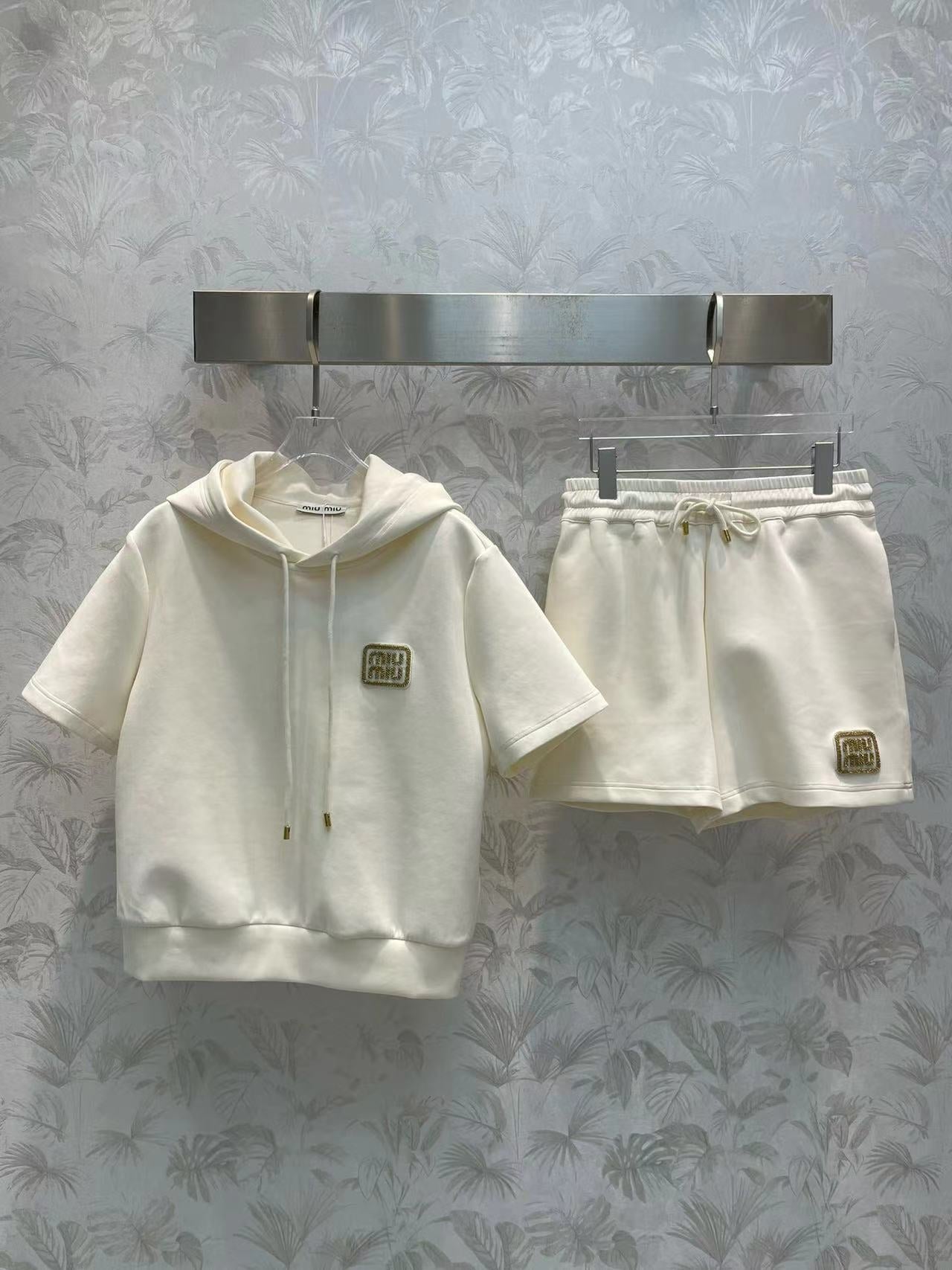 Letter Stamp Embroidered Hooded Short Sleeve Shorts Set