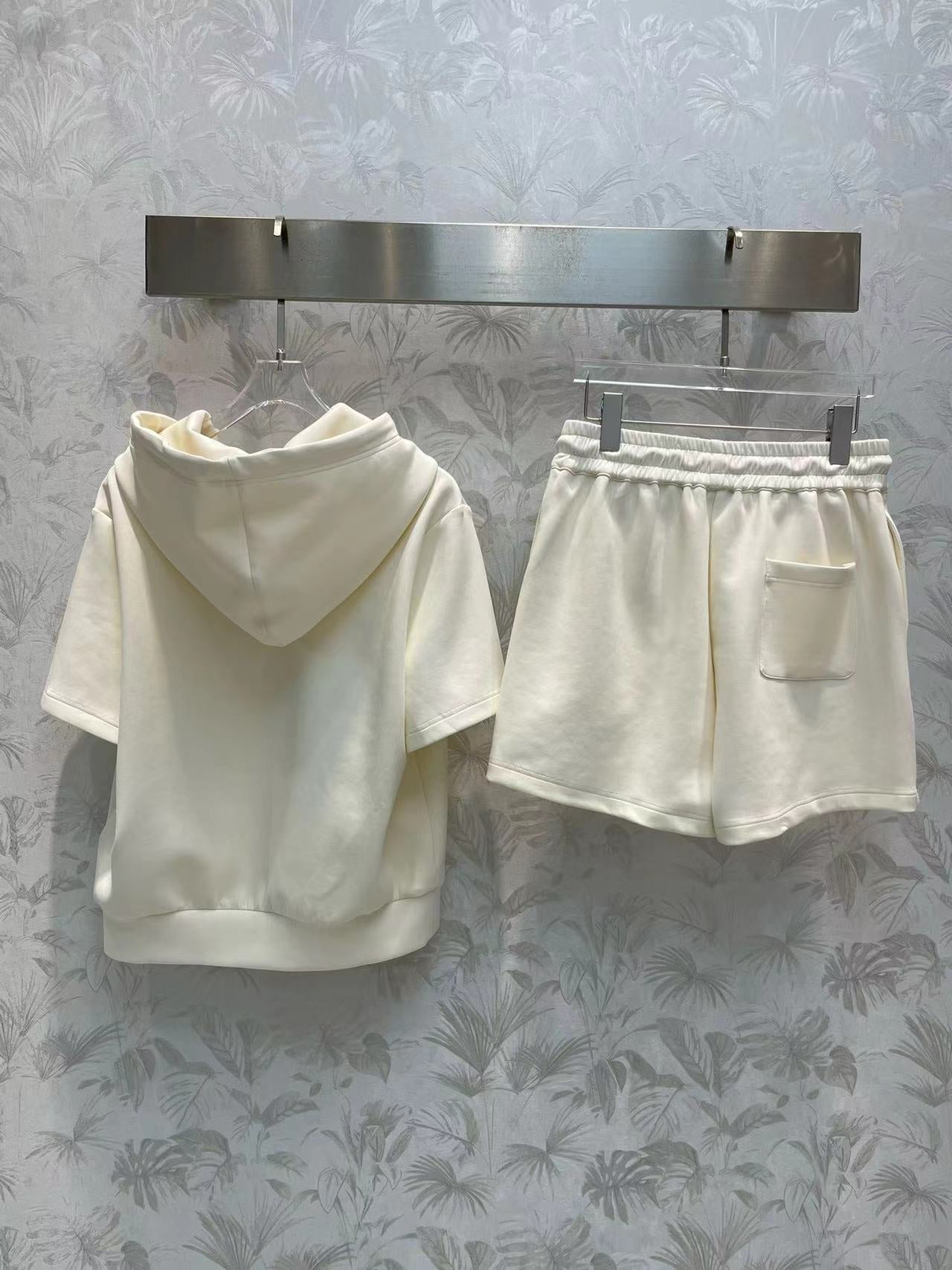 Letter Stamp Embroidered Hooded Short Sleeve Shorts Set