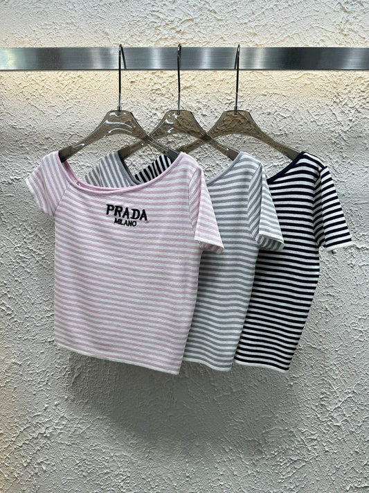 Striped diagonal shoulder embroidered short sleeve