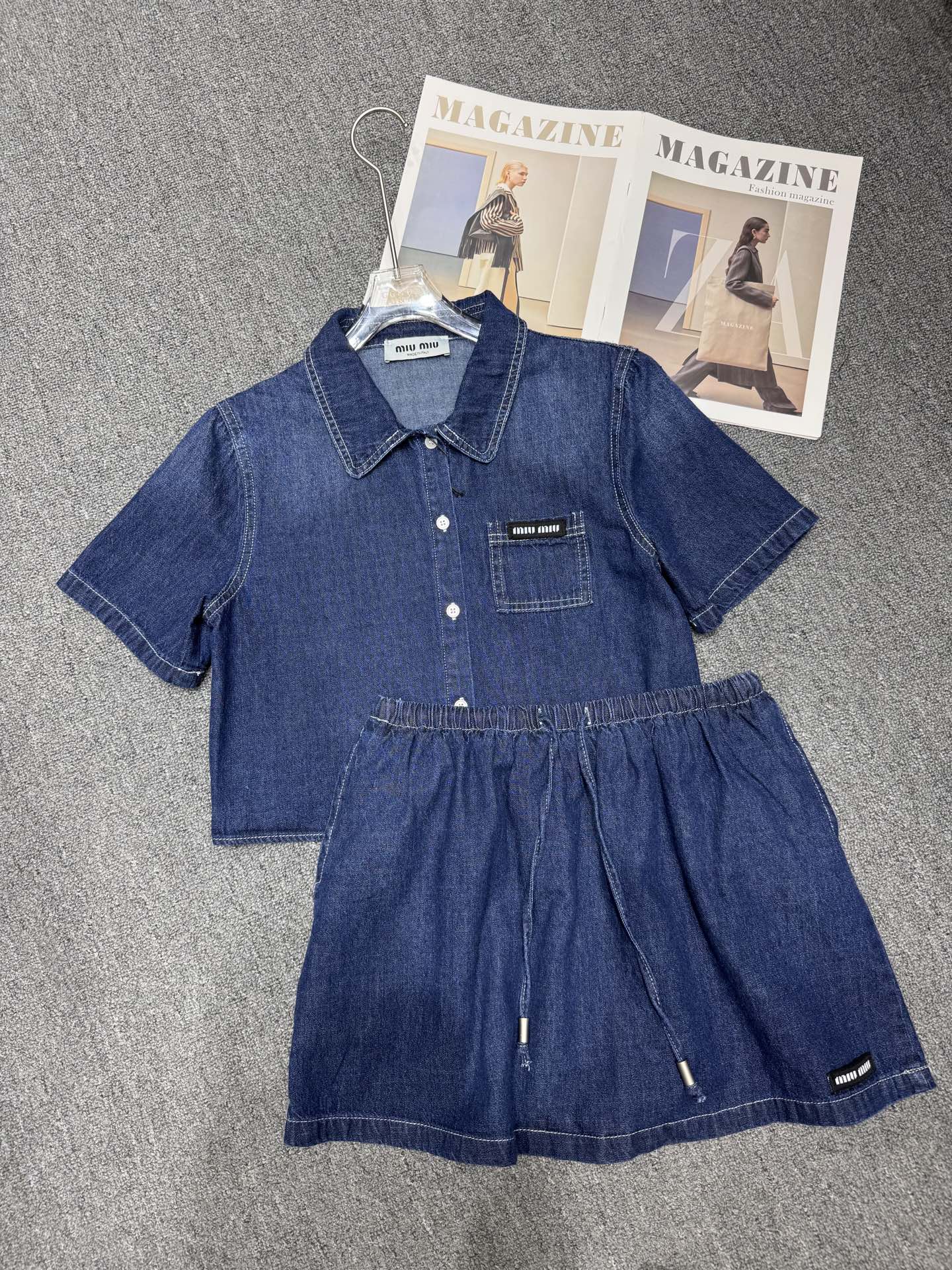 Lapel denim short sleeve + short skirt suit