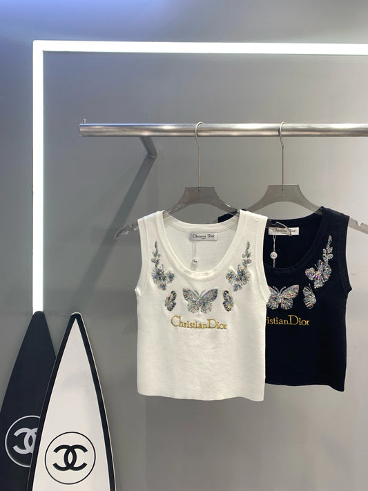 Butterfly sequined letter embroidered knitted vest