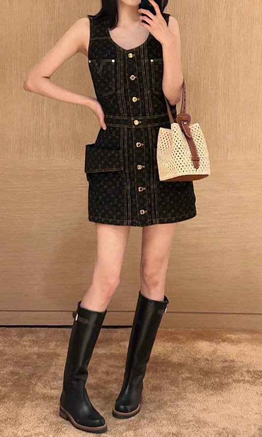 New Sleeveless Black Jacquard Denim Dress