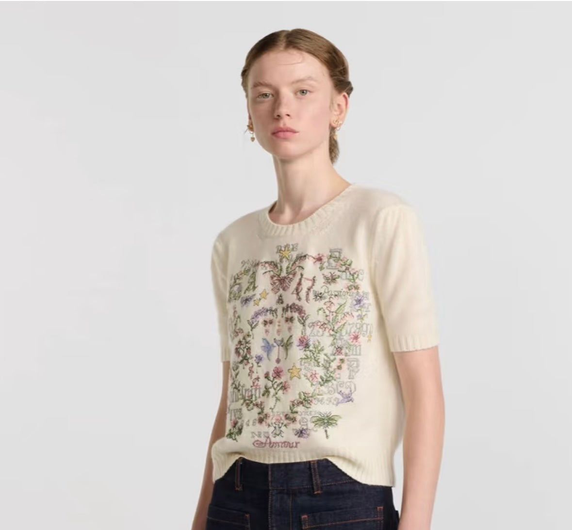 Cross-stitch embroidered cashmere short-sleeved sweater